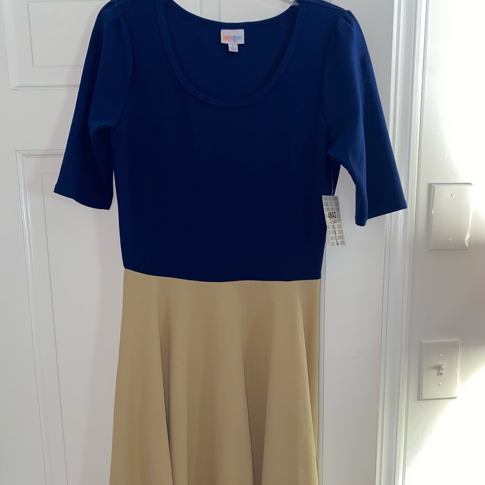 LuLaRoe Nicole dress tan and blue.